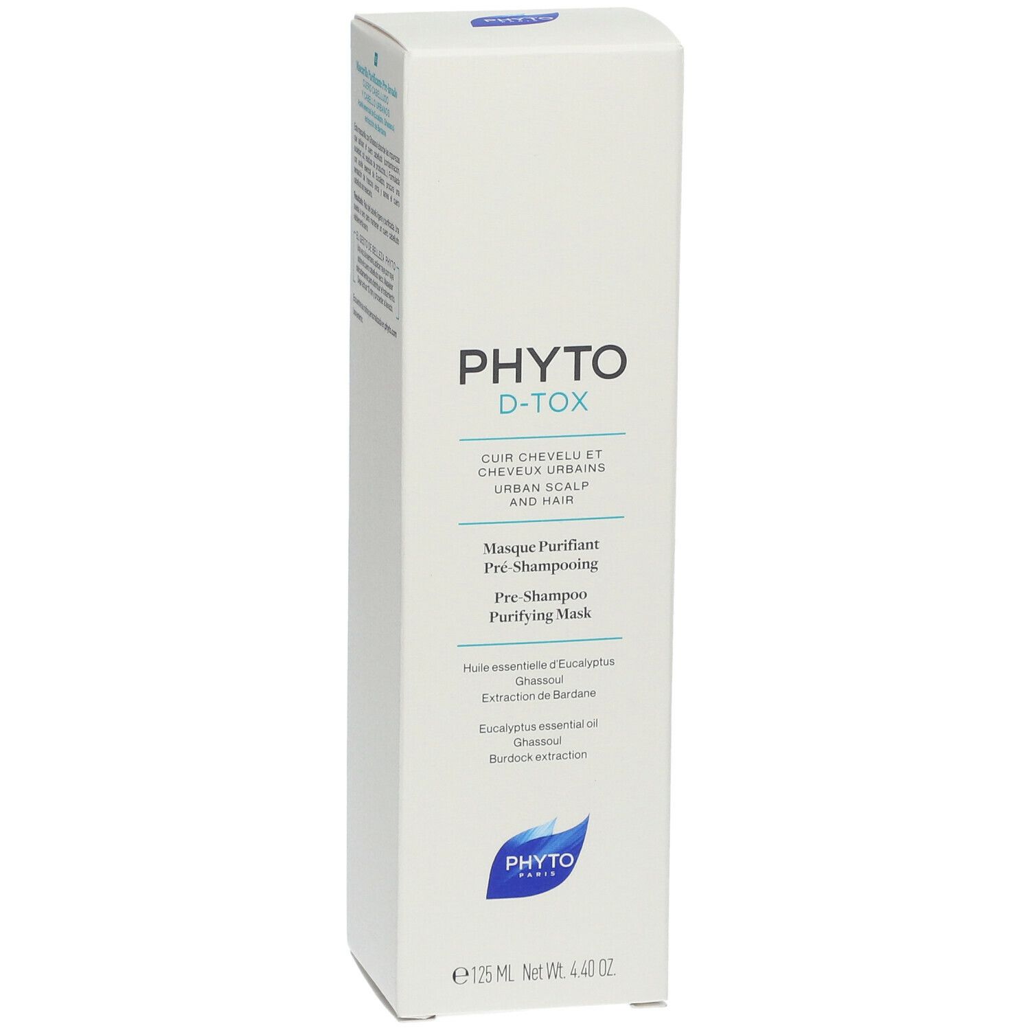 Boîte blanche avec informations produit. Inscription: PHYTODETOX, Masque Purifiant Pré-Shampooing. Logo: feuille bleue. Volume: 125 ml.