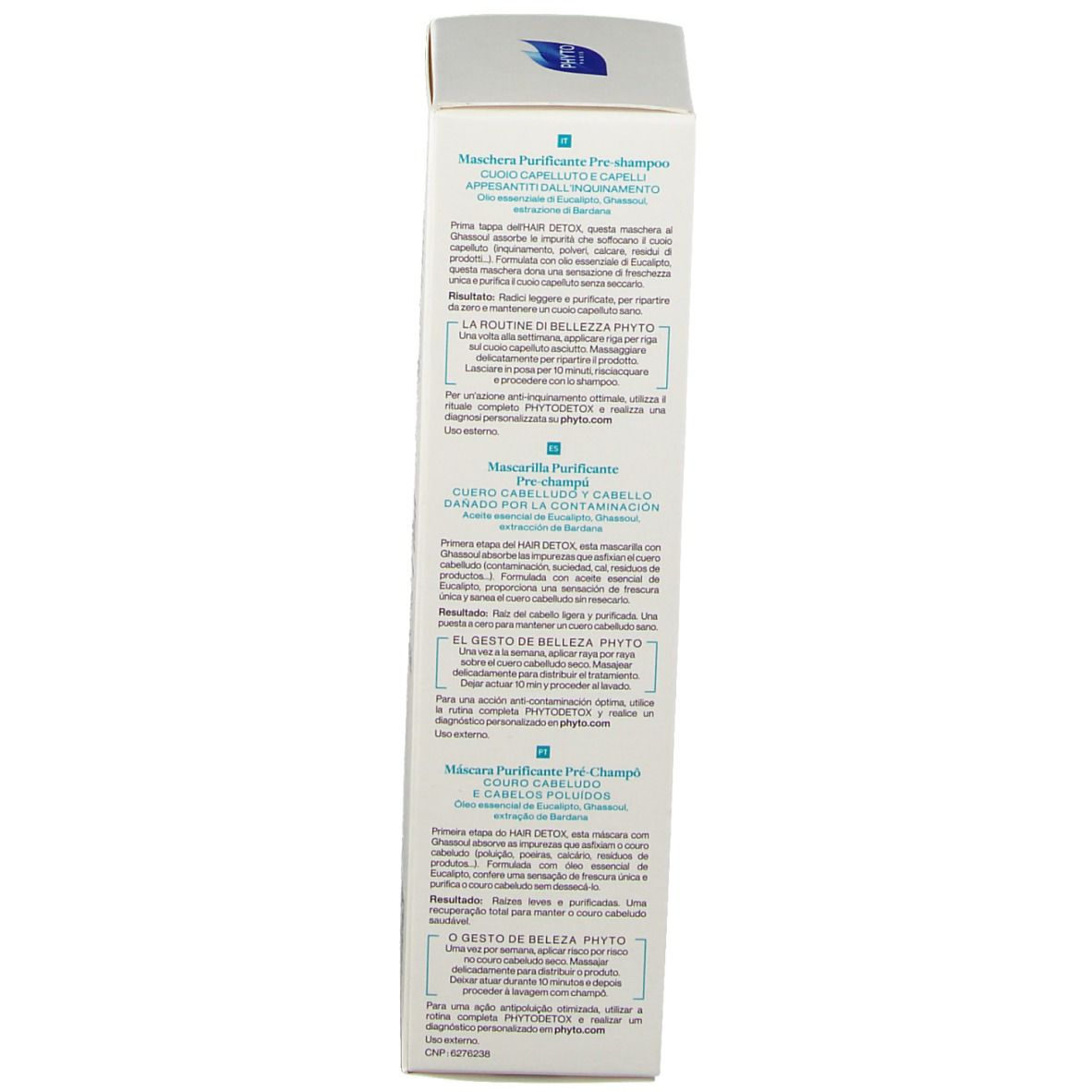 Boîte blanche avec informations produit. Inscription: PHYTODETOX, Masque Purifiant Pré-Shampooing. Logo: feuille bleue. Texte multilingue.