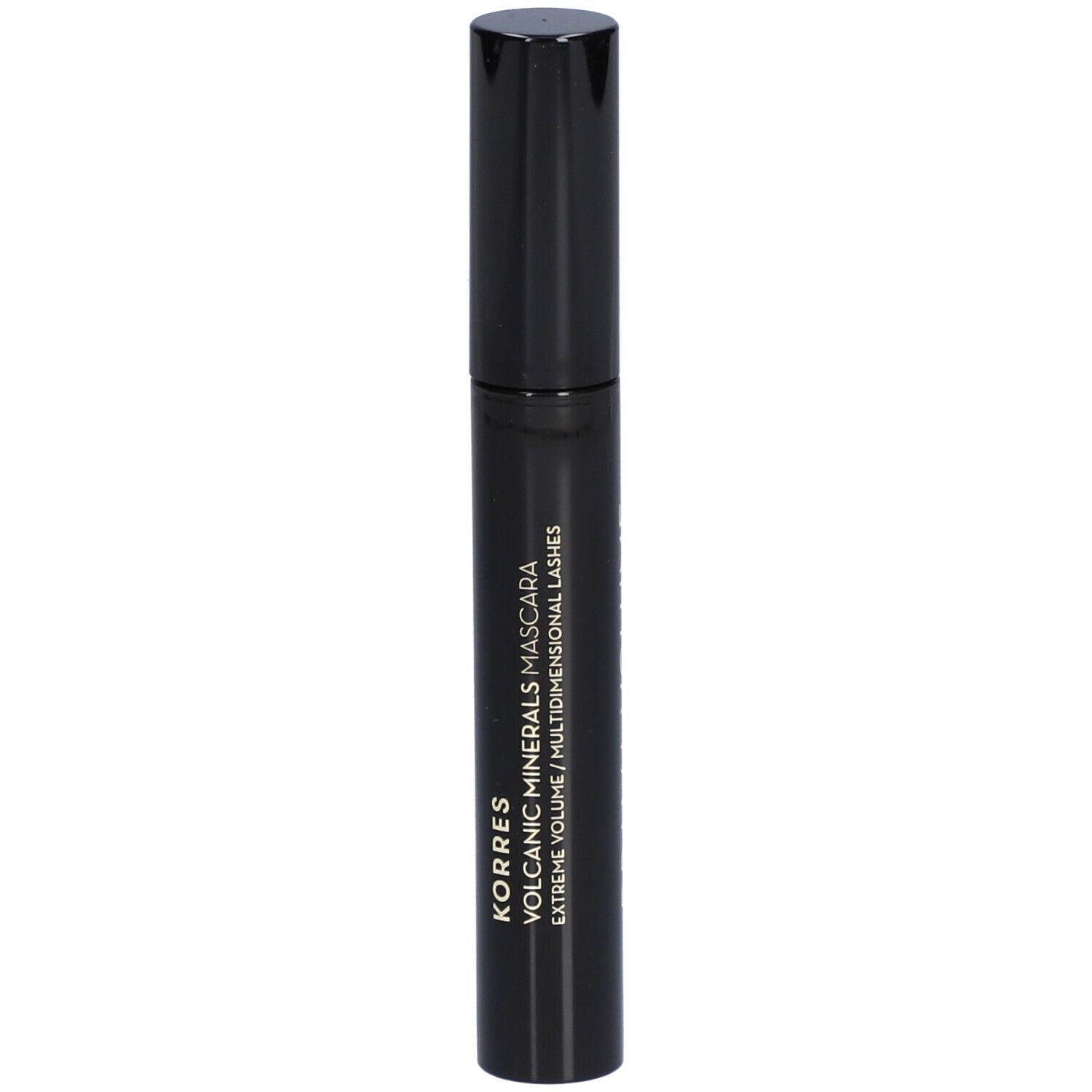 Zwarte mascaraborstel met tekst: KORRES VOLCANIC MINERALS MASCARA EXTREME VOLUME/MULTIDIMENSIONAL LASHES.
