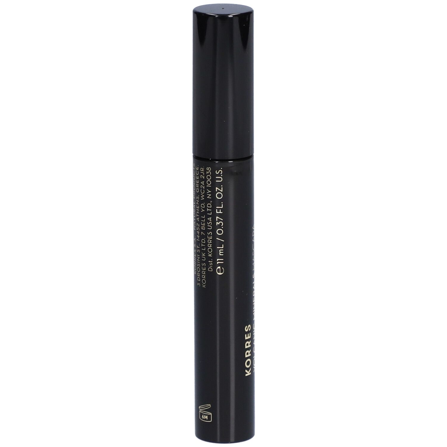 Zwarte mascaraborstel met tekst: KORRES, 11 ml / 0.37 Fl. OZ. U.S.