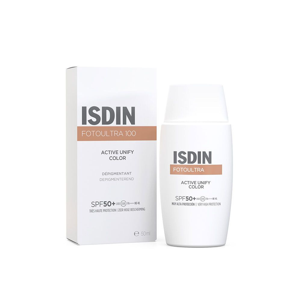 Produit blanc avec inscription ISDIN FOTOULTRA 100, ACTIVE UNIFY COLOR, SPF50+. À côté, un emballage blanc avec une inscription similaire.