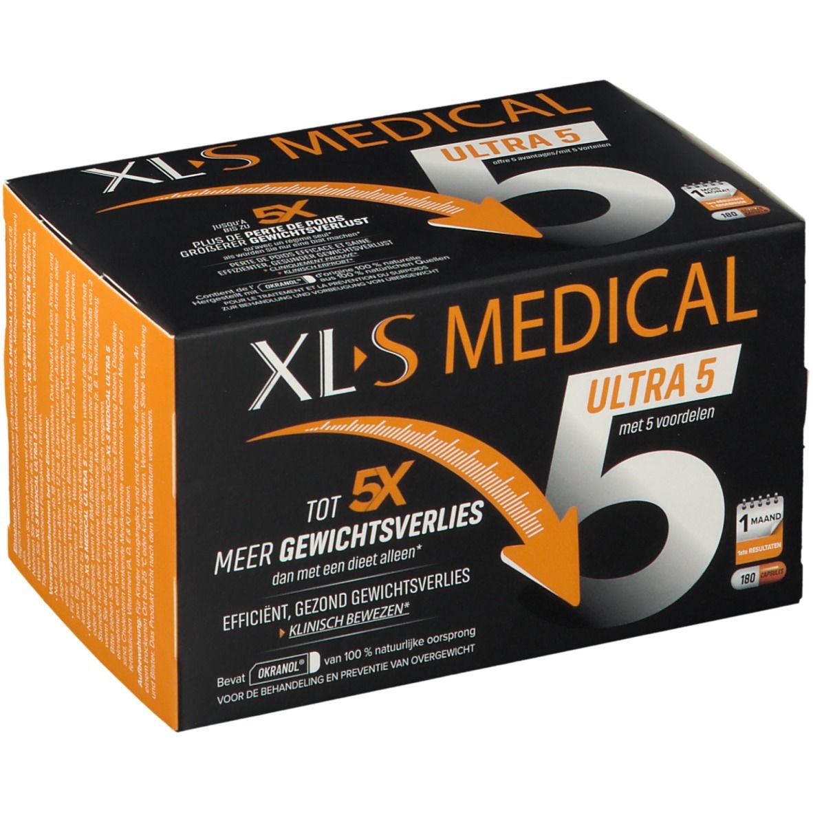 Doos XL-S MEDICAL ULTRA 5. Zwarte en oranje verpakking met witte tekst. Bevat 180 capsules.