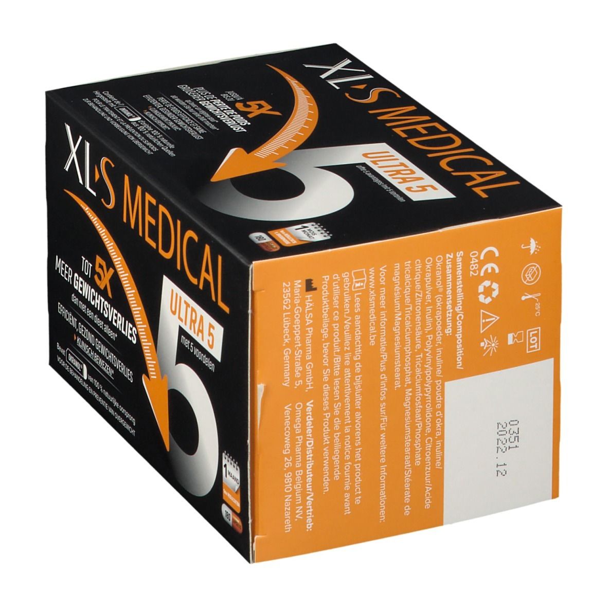 Achterkant van de XL-S MEDICAL ULTRA 5 verpakking. Zwarte achtergrond met witte en oranje tekst. Bevat informatie.