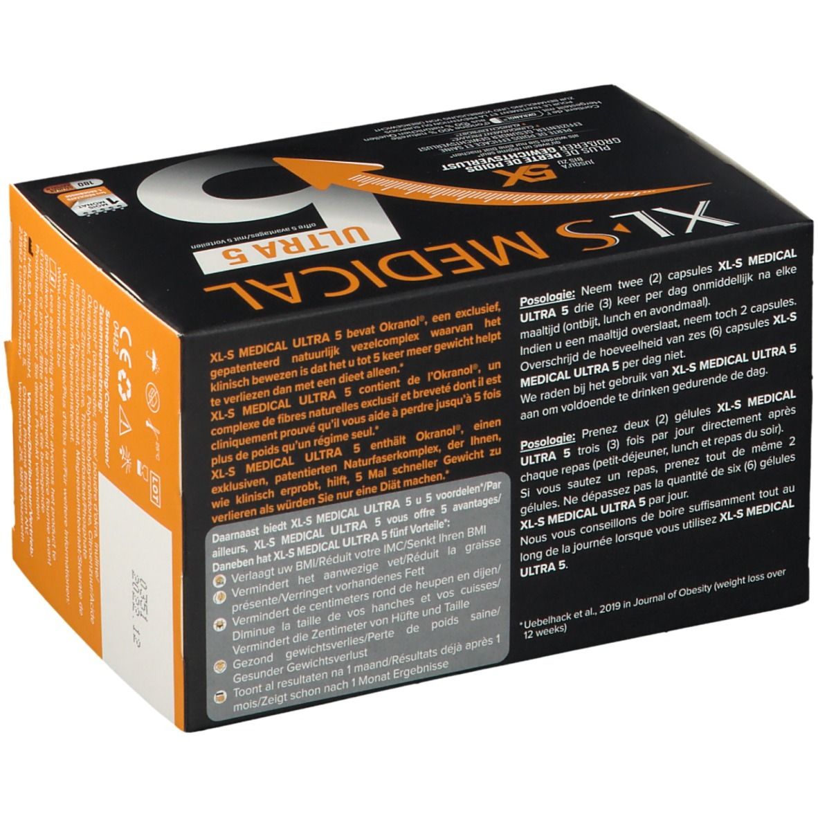 Zijkant van de XL-S MEDICAL ULTRA 5 verpakking. Zwarte achtergrond met witte en oranje tekst. Bevat informatie.