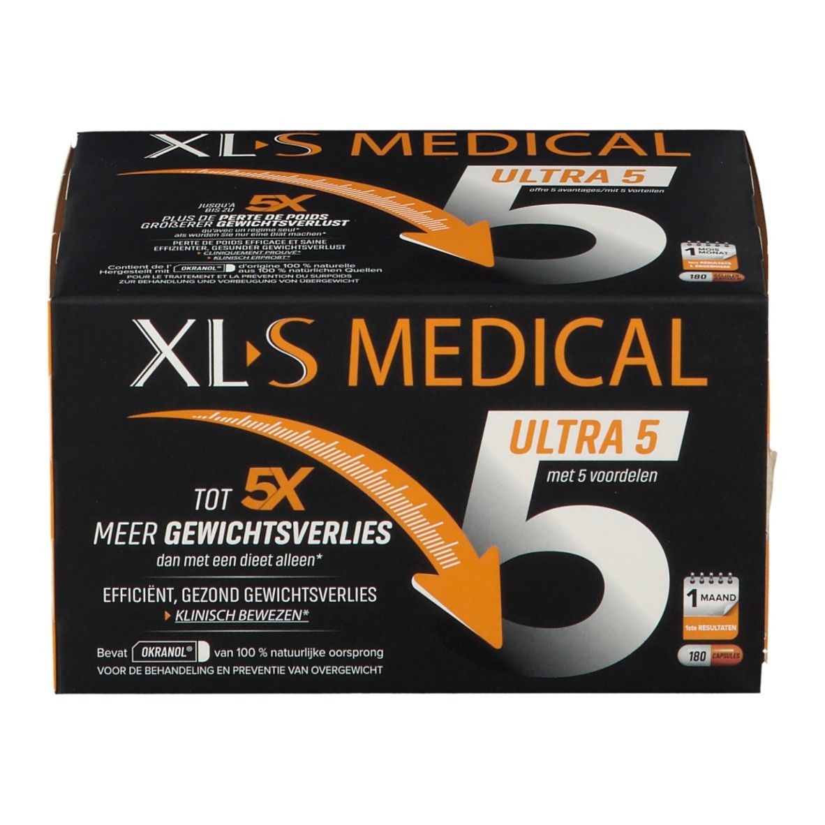 Doos XL-S MEDICAL ULTRA 5. Zwarte verpakking met oranje accenten en witte tekst. Bevat 280 capsules.