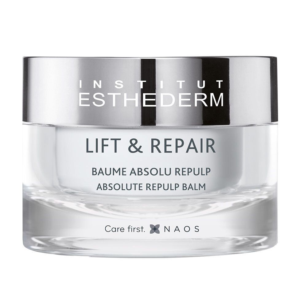 Crèmepot met zilveren deksel. Opschrift: INSTITUT ESTHEDERM, LIFT & REPAIR, BAUME ABSOLU REPULP.
