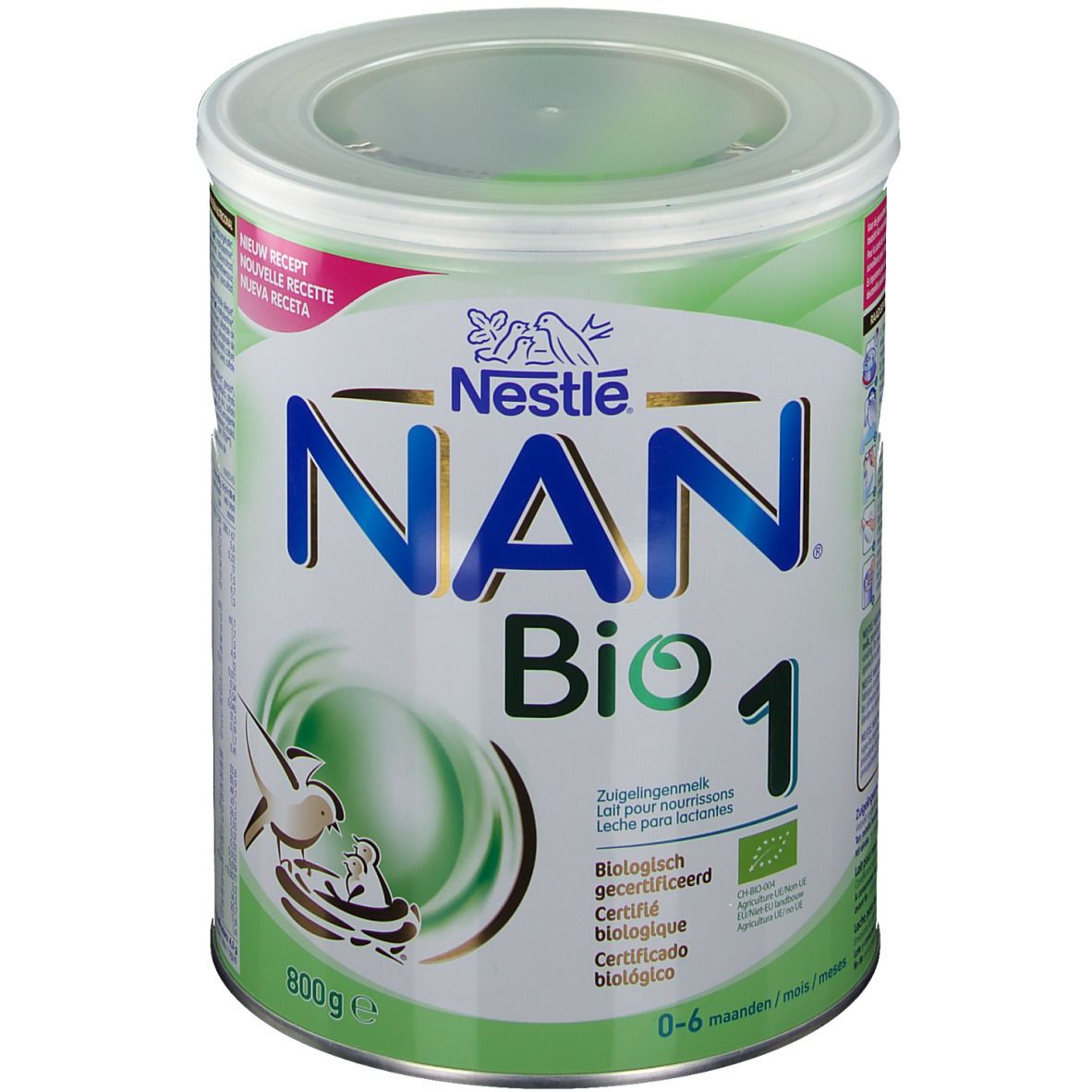 Boîte de lait en poudre Nestlé NAN Bio 1. Design vert et blanc avec nom et logo du produit. Emballage de 800g, pour 0-6 mois.