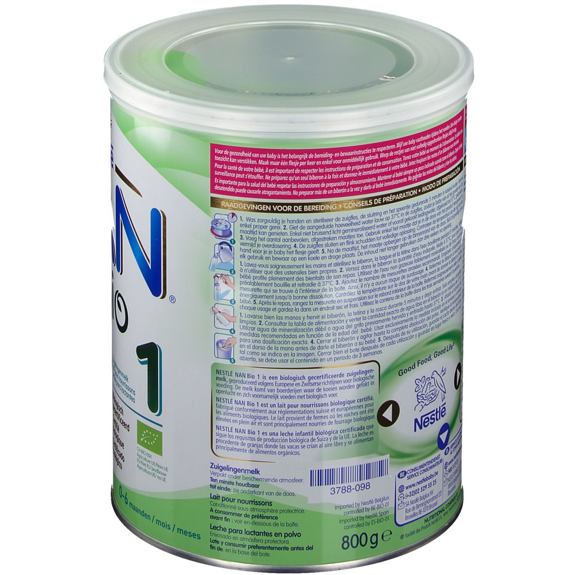 Dos de la boîte Nestlé NAN Bio 1. Contient des informations sur les ingrédients, la préparation et les valeurs nutritionnelles. Avec logo et certifications.