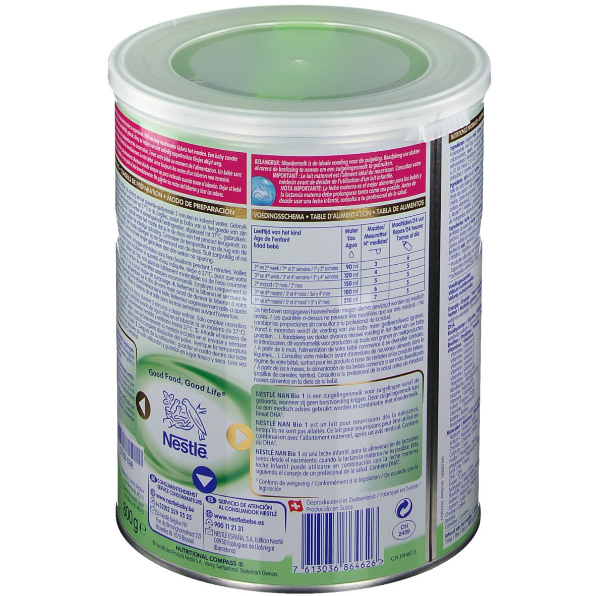 Dos de la boîte Nestlé NAN Bio 1. Contient des informations nutritionnelles et des instructions de préparation. Avec logo et certifications.