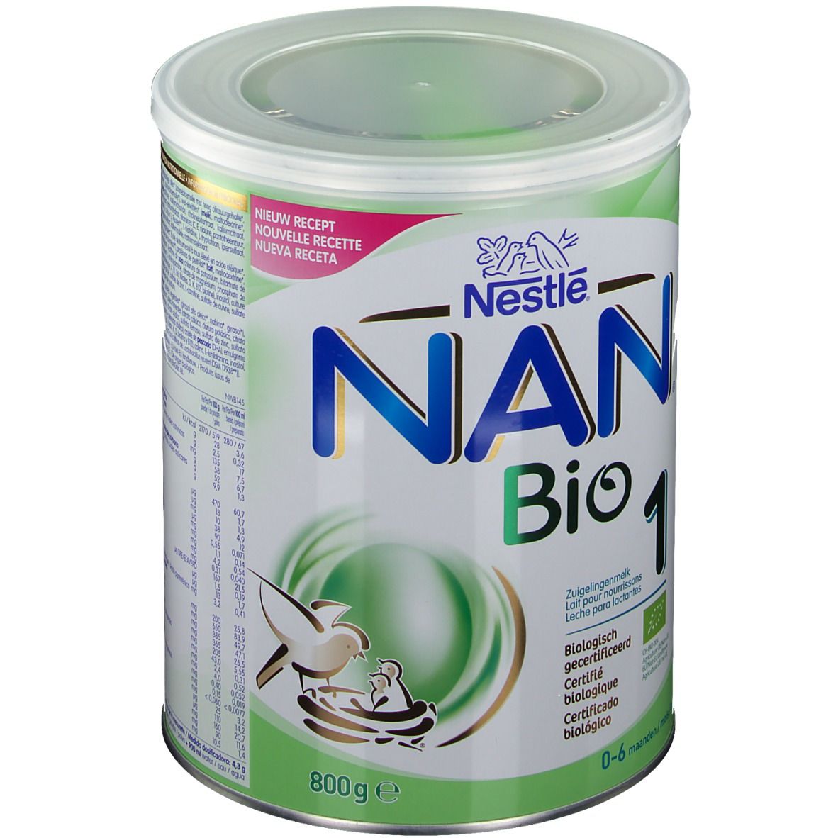 Boîte de lait en poudre Nestlé NAN Bio 1. Design vert et blanc avec nom et logo du produit. Emballage de 800g, pour 0-6 mois.