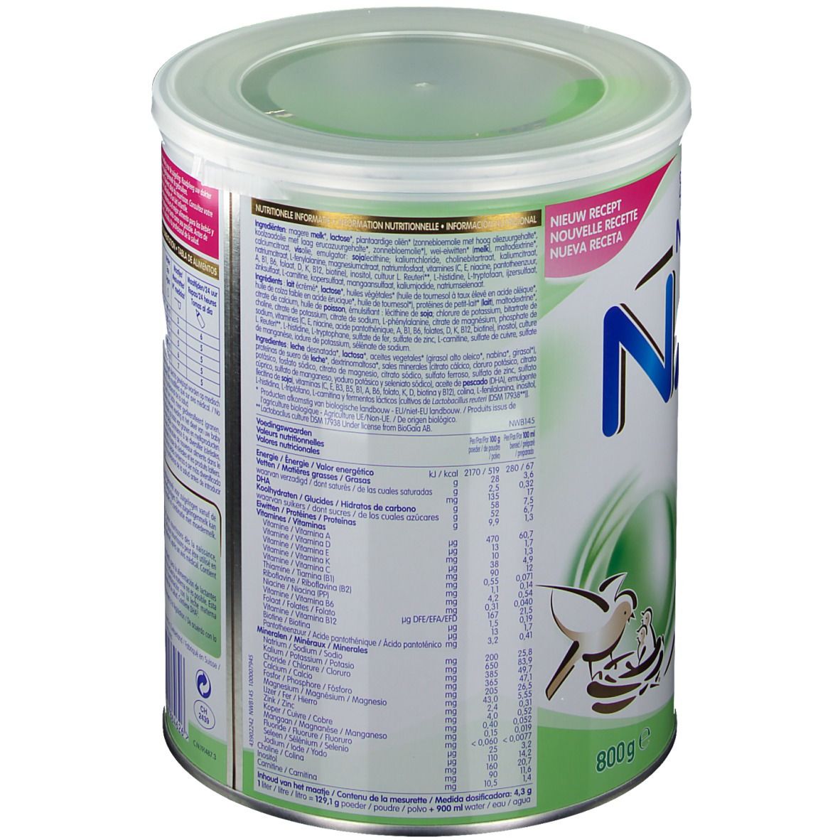 Dos de la boîte Nestlé NAN Bio 1. Contient des informations nutritionnelles et des instructions de préparation. Avec logo et certifications.