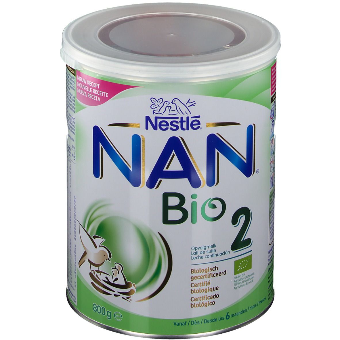 Blik Nestle NAN Bio 2. Groen-wit ontwerp. Opschrift NAN Bio 2, logo Nestle. Biologische certificering. 800g.