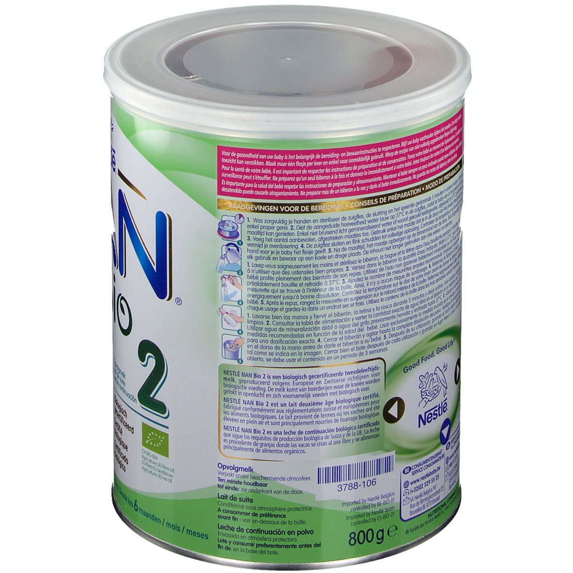 Achterkant blik Nestle NAN Bio 2. Meertalige tekst. Logo Nestle. 800g. Bereidingsinformatie.
