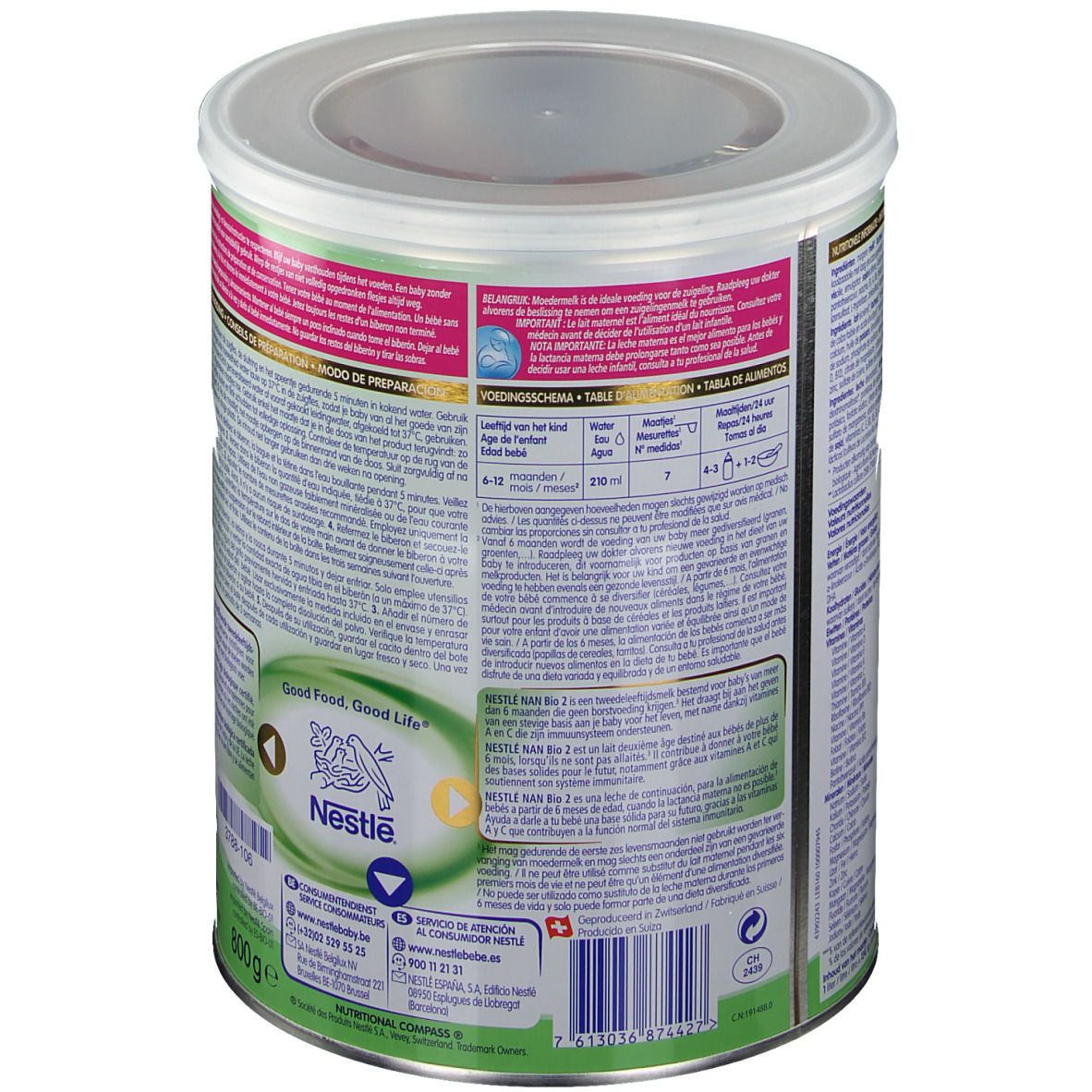 Achterkant blik Nestle NAN Bio 2. Meertalige tekst. Logo Nestle. 800g. Voedingstabel.