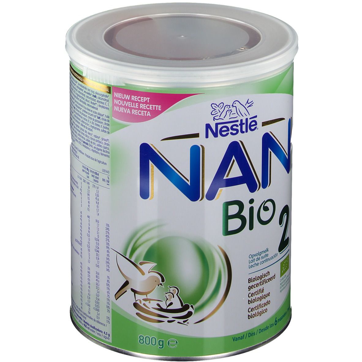 Blik Nestle NAN Bio 2. Groen-wit ontwerp. Opschrift NAN Bio 2, logo Nestle. Biologische certificering. 800g.