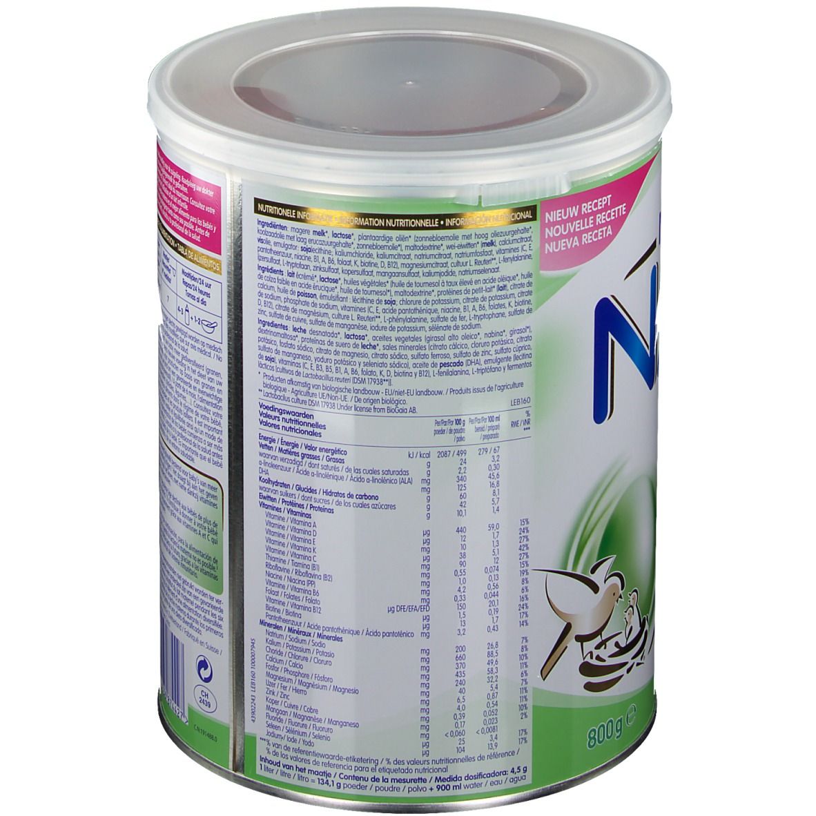 Achterkant blik Nestle NAN Bio 2. Meertalige tekst. Logo Nestle. 800g. Voedingswaarde.