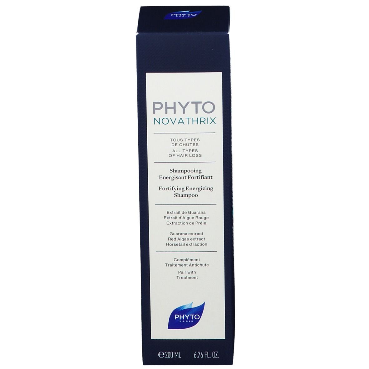Blauwe verpakking met productnaam en ingrediënten. Witte tekst op blauwe achtergrond. 200 ml.