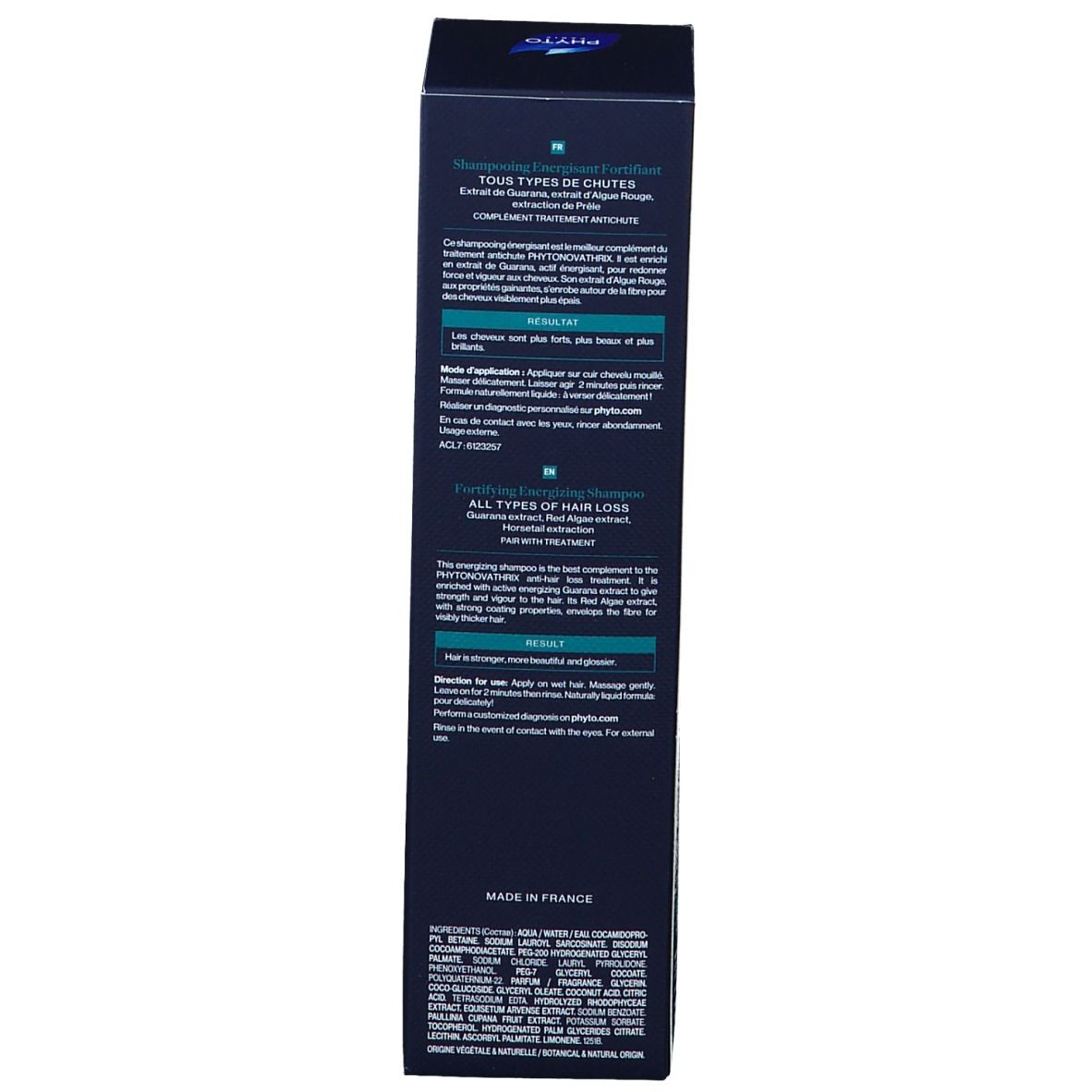 Blauwe verpakking, tekst in het Frans en Engels. Productnaam, ingrediënten, instructies. 200 ml.