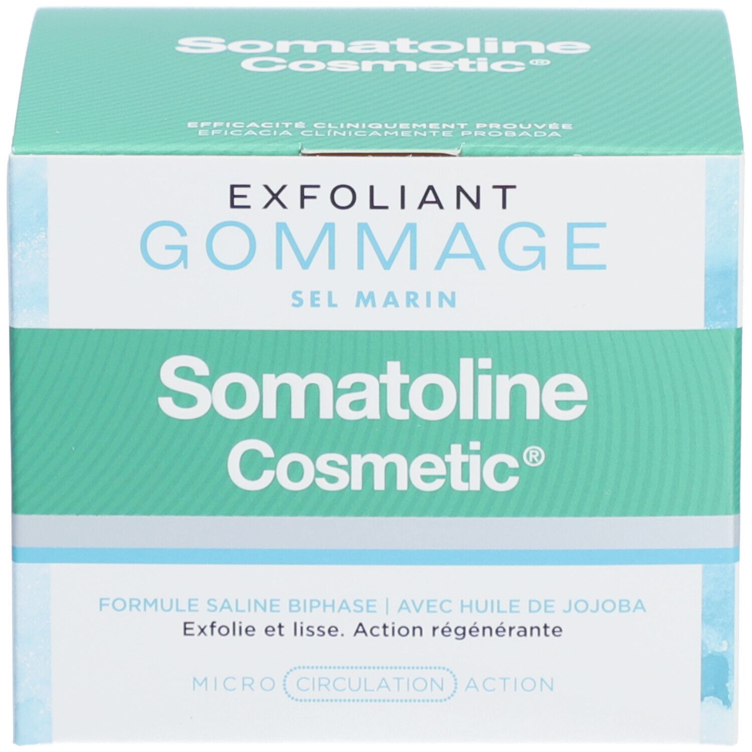 Produktverpackung. Aufschrift: EXFOLIANT GOMMAGE SEL MARIN. Marke: Somatoline Cosmetic.