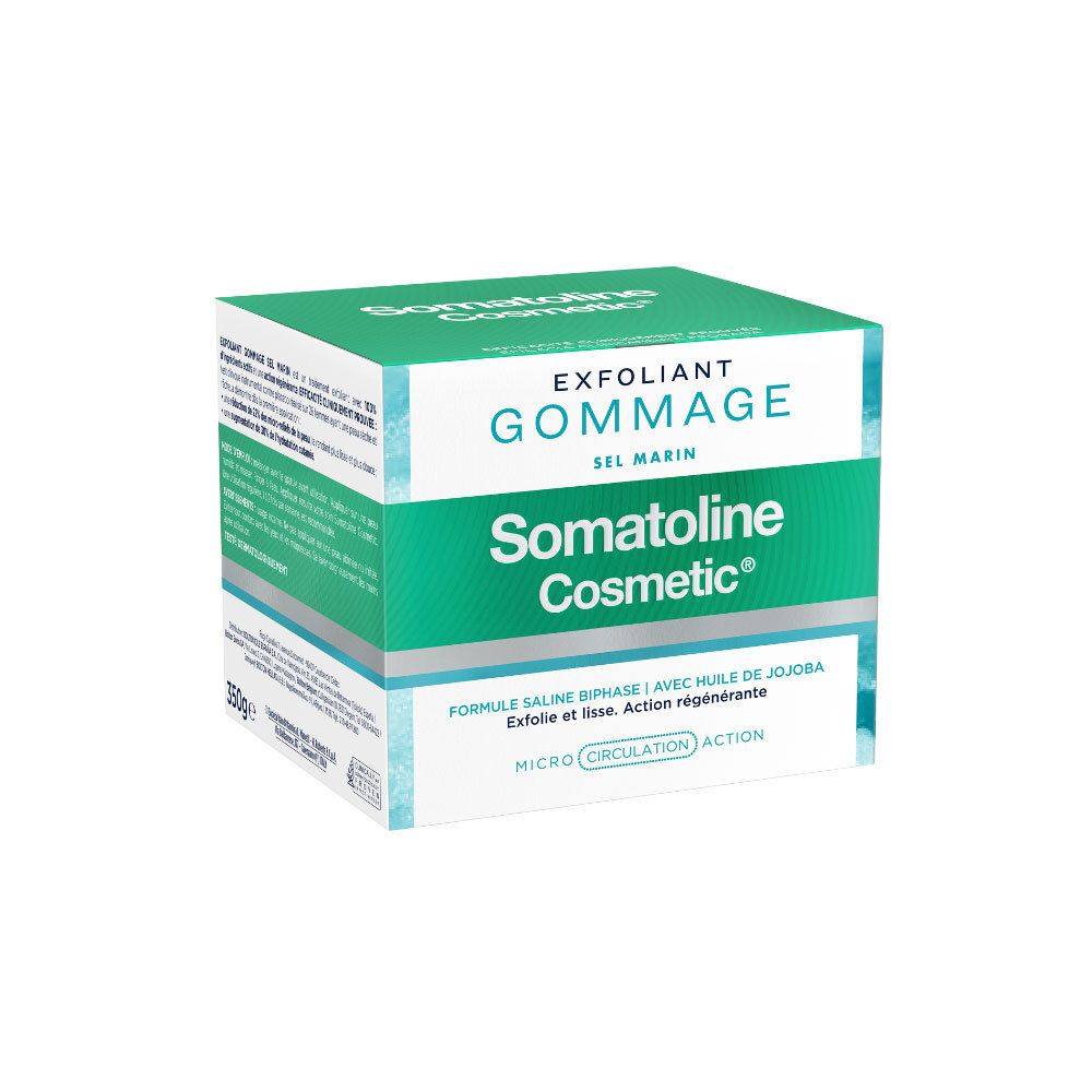 Verpakking met product. Wit-groene doos met productnaam en info. Opschrift: EXFOLIANT GOMMAGE SEL MARIN, Somatoline Cosmetic.