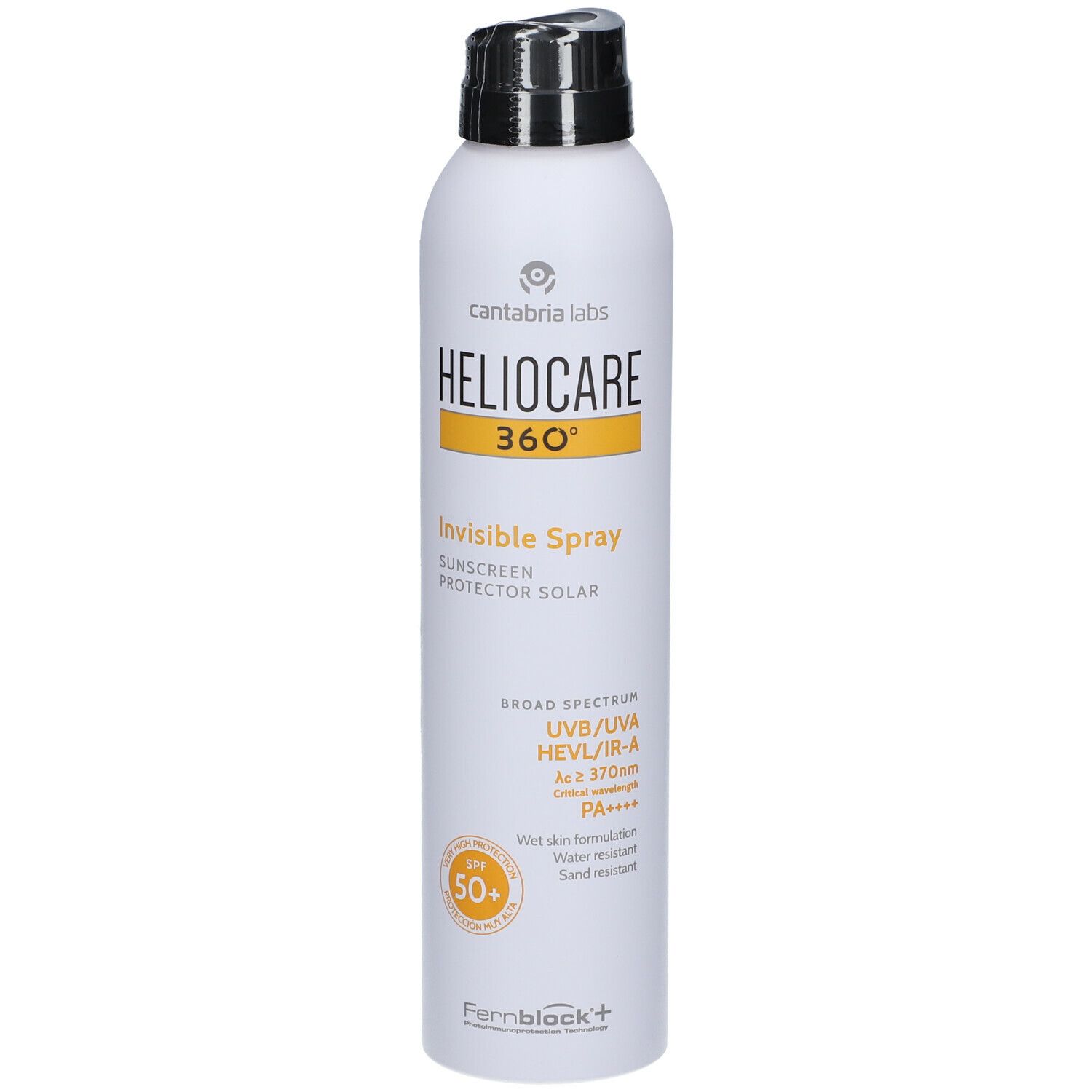 Heliocare 360° Invisible Spray SPF50+ protection solaire. Flacon blanc avec tête de pulvérisation noire. Bande jaune avec informations.