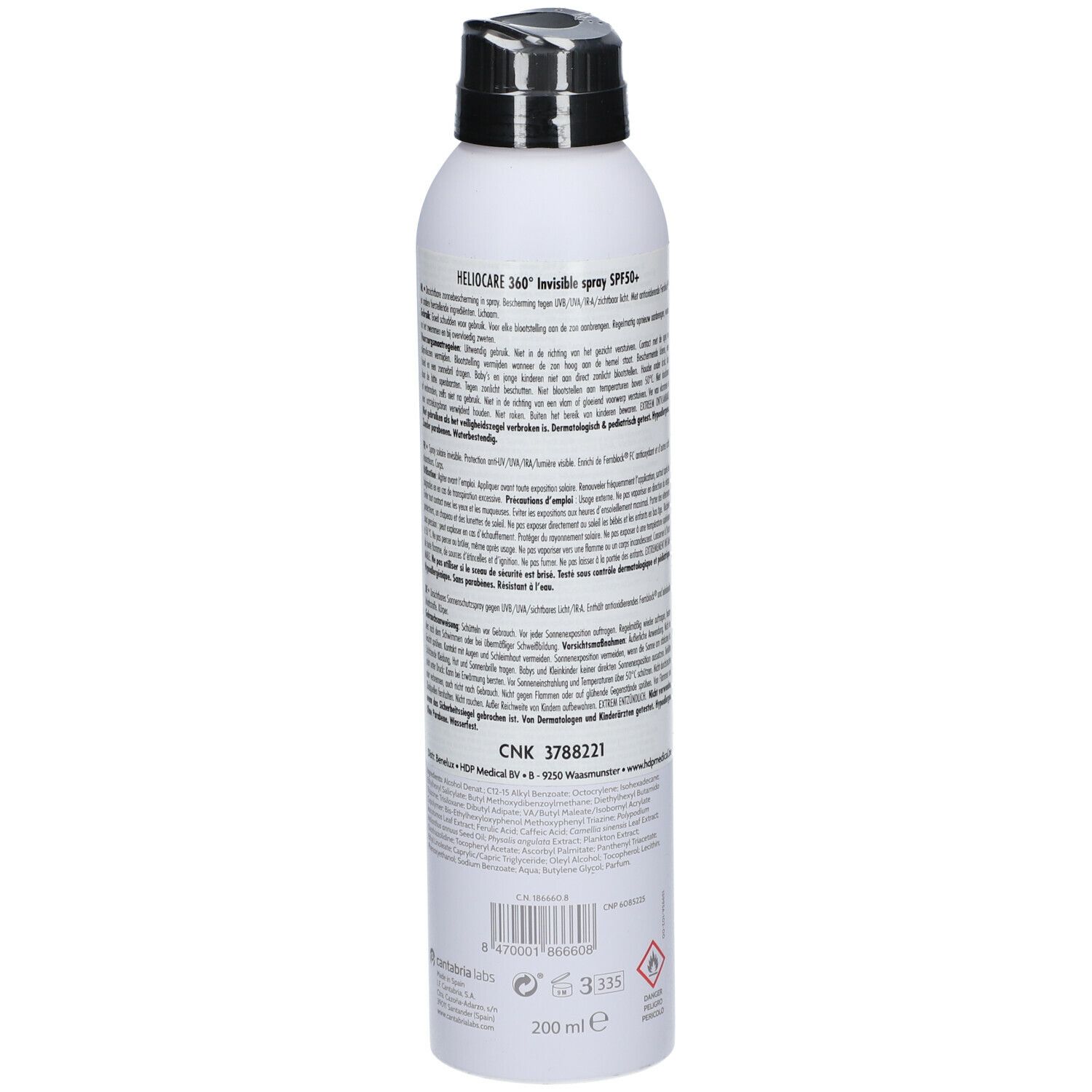 Heliocare 360° Invisible Spray SPF50+ protection solaire. Flacon blanc avec tête noire. Dos avec texte et informations.