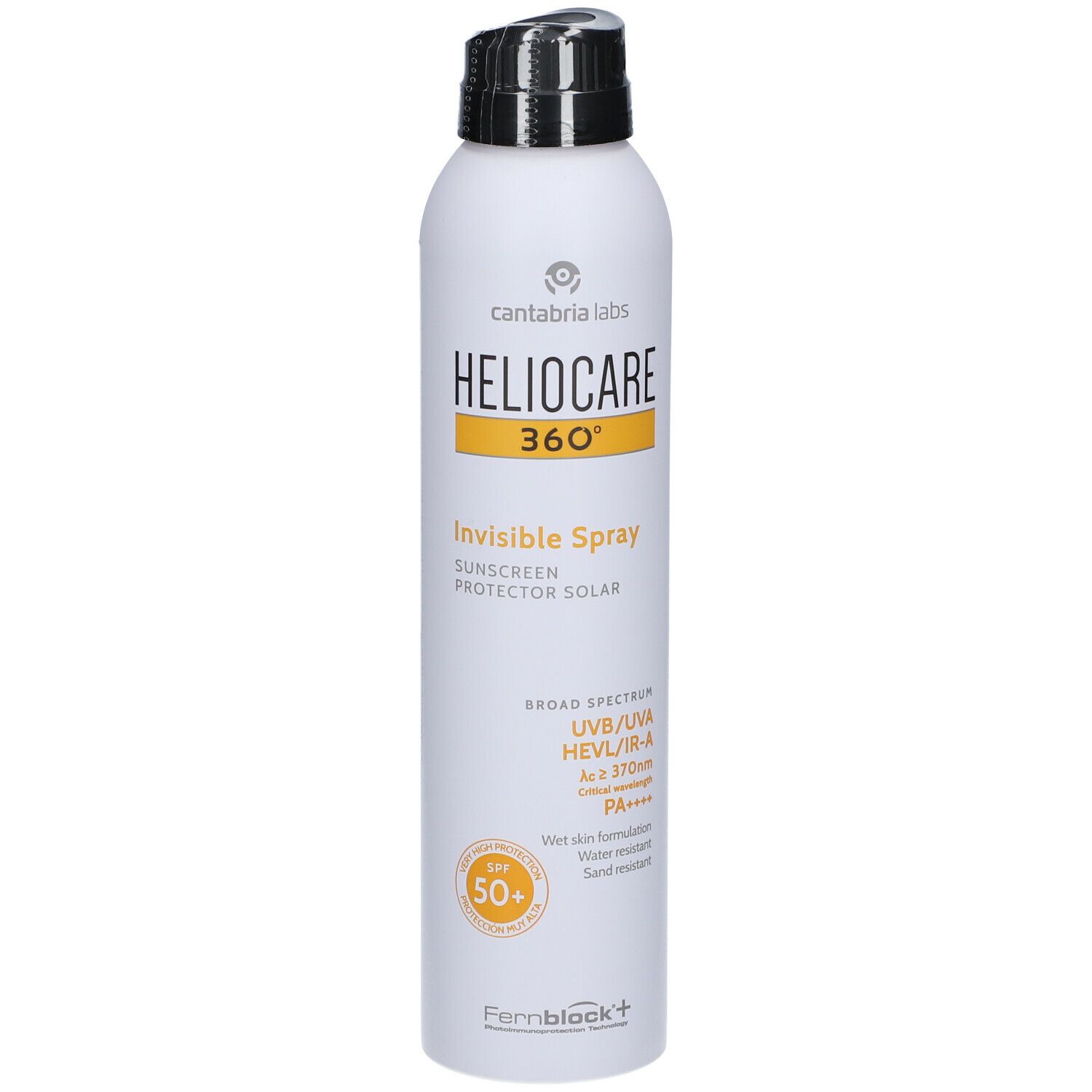 Heliocare 360° Invisible Spray SPF50+ protection solaire. Flacon blanc avec tête de pulvérisation noire. Bande jaune avec informations.