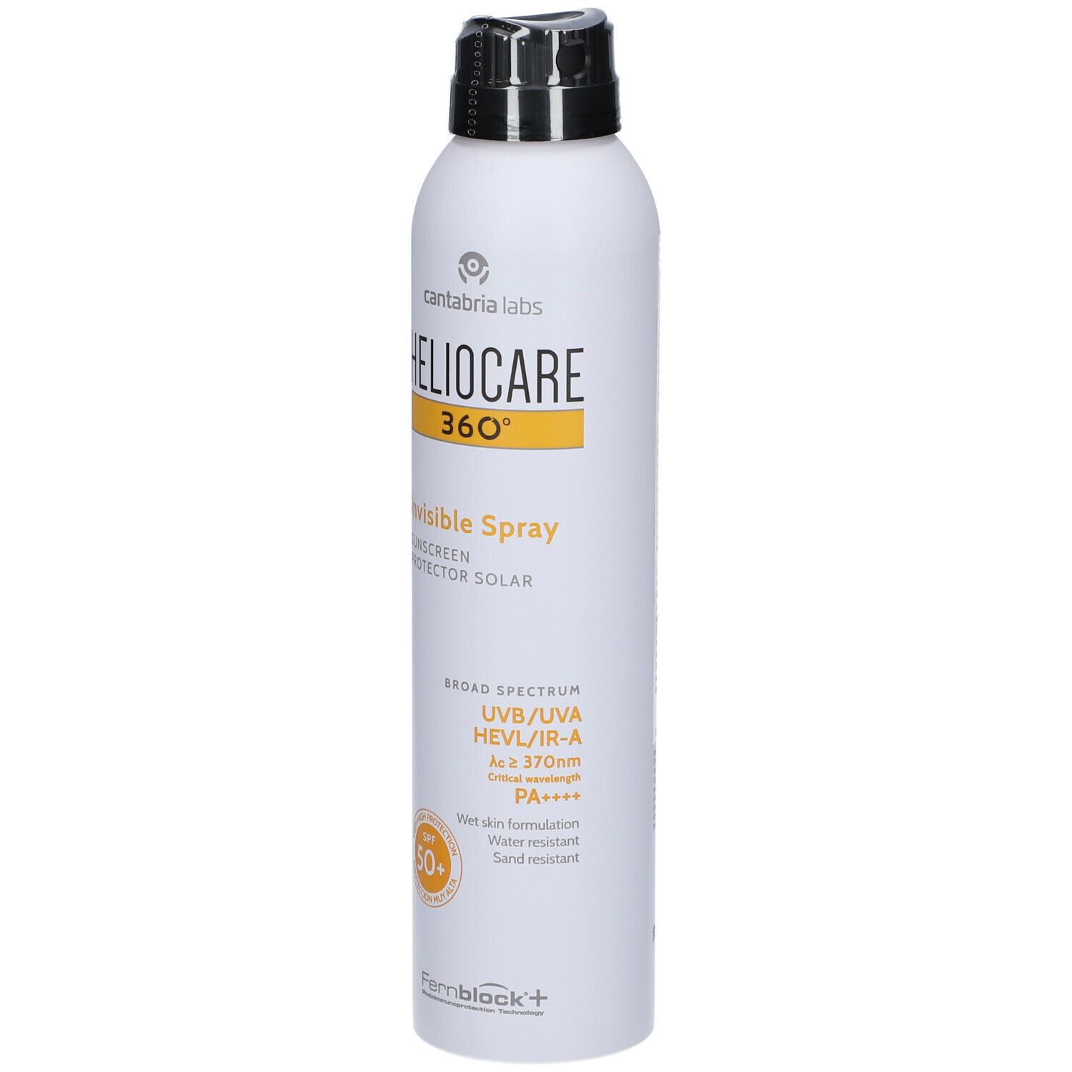 Heliocare 360° Invisible Spray SPF50+ protection solaire. Flacon blanc avec tête de pulvérisation noire. Bande jaune avec informations.