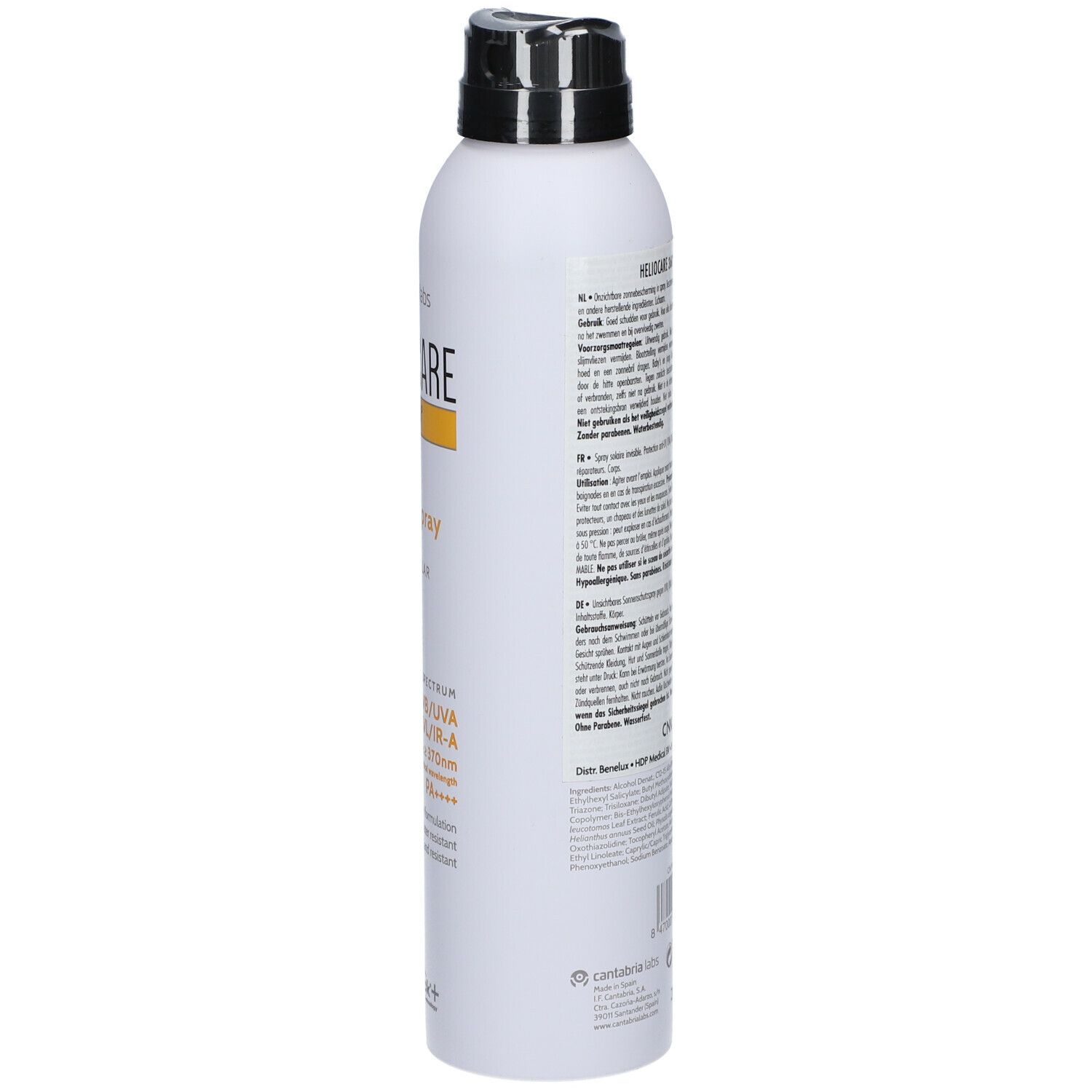 Heliocare 360° Invisible Spray SPF50+ protection solaire. Flacon blanc avec tête noire. Côté avec texte et informations.