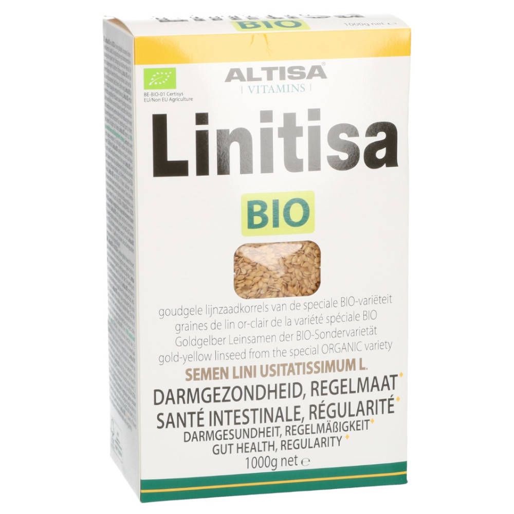 Verpakking van ALTISA Linitisa BIO. Opschrift: Linitisa BIO, lijnzaad, darmgezondheid, 1000g.