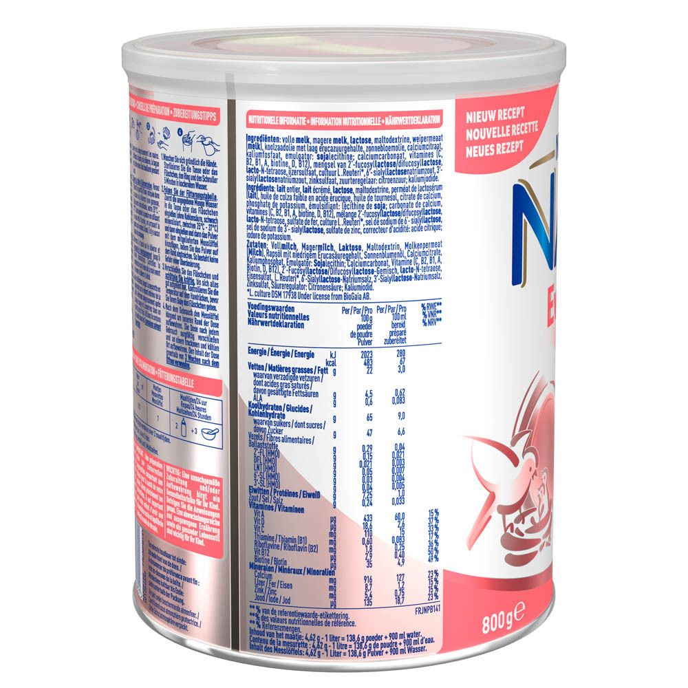Achterkant van de Nestlé NAN Evolia 3-verpakking. Ingrediëntenlijst, voedingswaarde, tekst. 800g. 12-36 maanden.