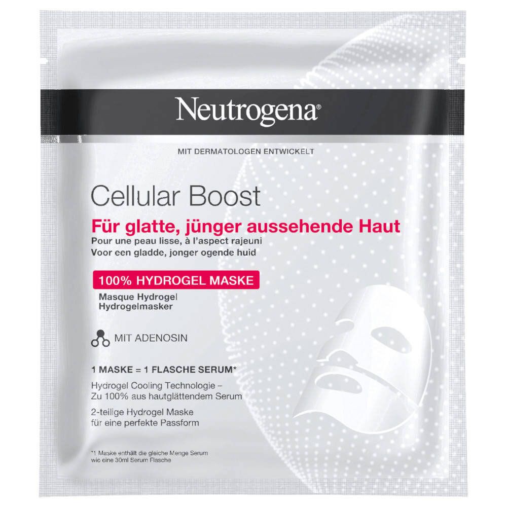 Masque hydrogel Neutrogena Cellular Boost. Emballage blanc avec nom et texte. Illustration du masque à droite.