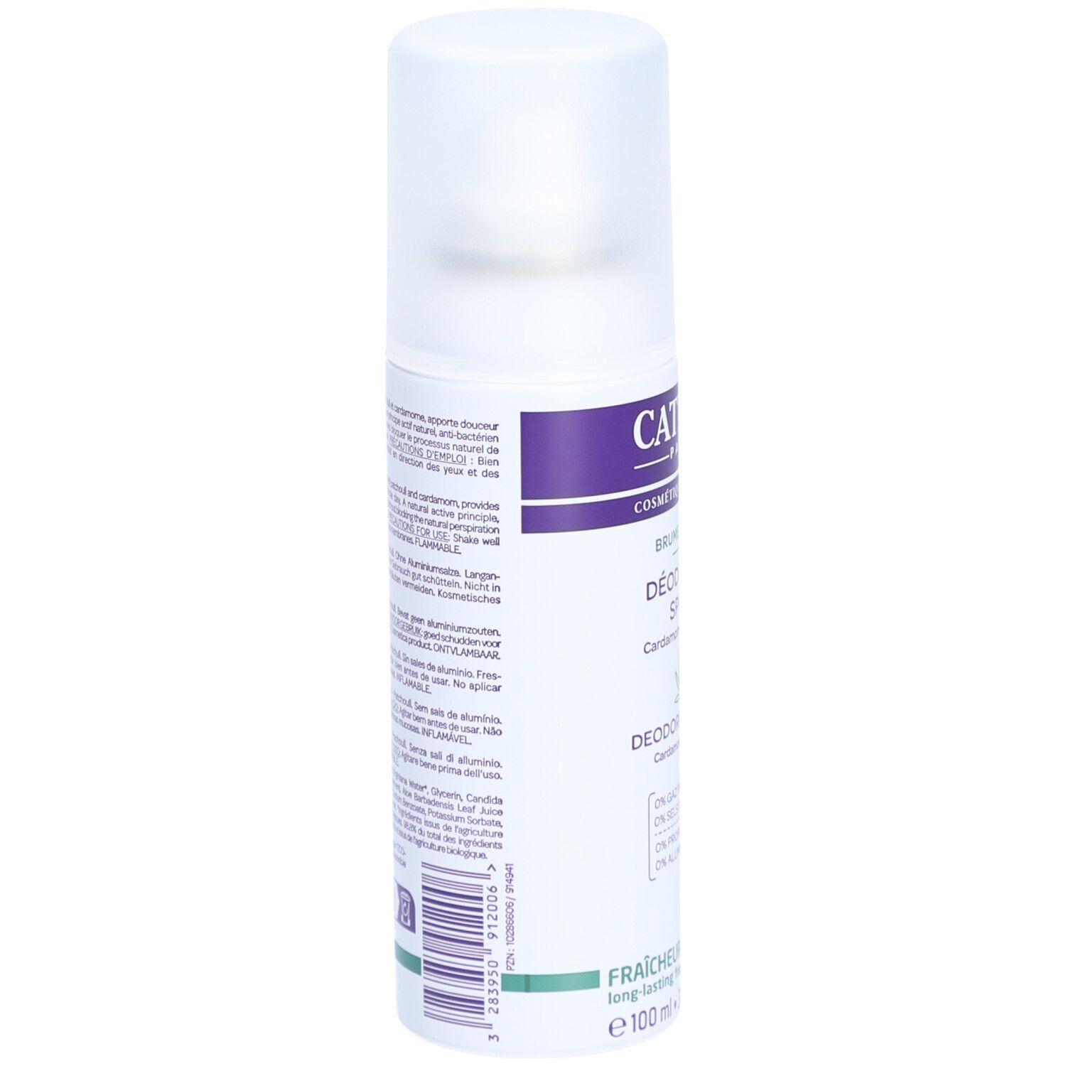 Rückseite der Deodorant-Spray-Flasche. Text in mehreren Sprachen. Vegan-Logo. Barcode und grüne Linie am Boden.