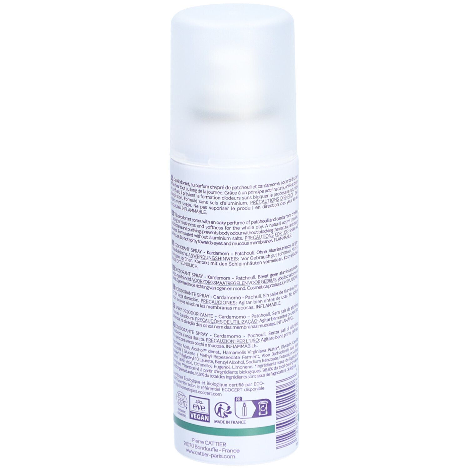 Rückseite der Deodorant-Spray-Flasche. Text in mehreren Sprachen. Vegan-Logo. Barcode und grüne Linie am Boden.