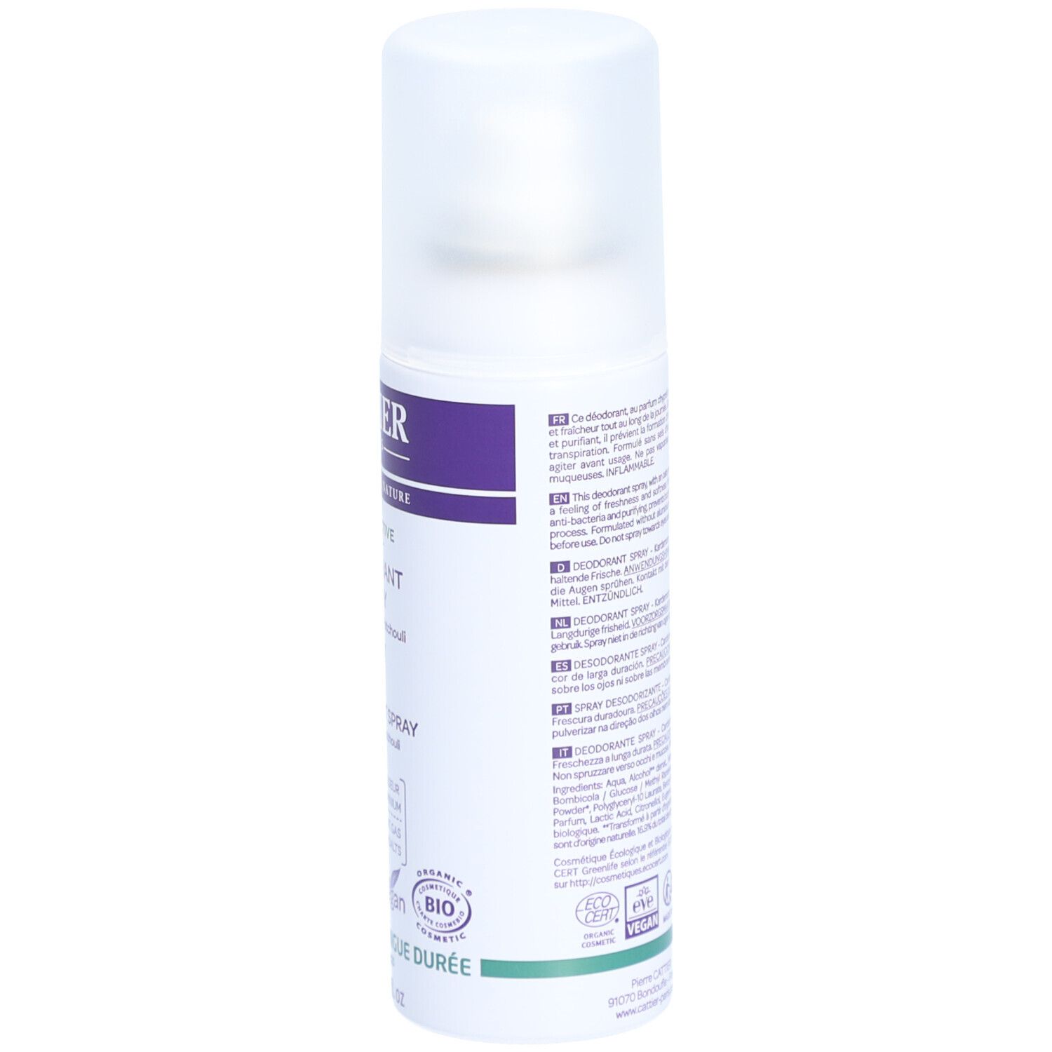 Rückseite der Deodorant-Spray-Flasche. Text in mehreren Sprachen. Vegan-Logo. Barcode und grüne Linie am Boden.