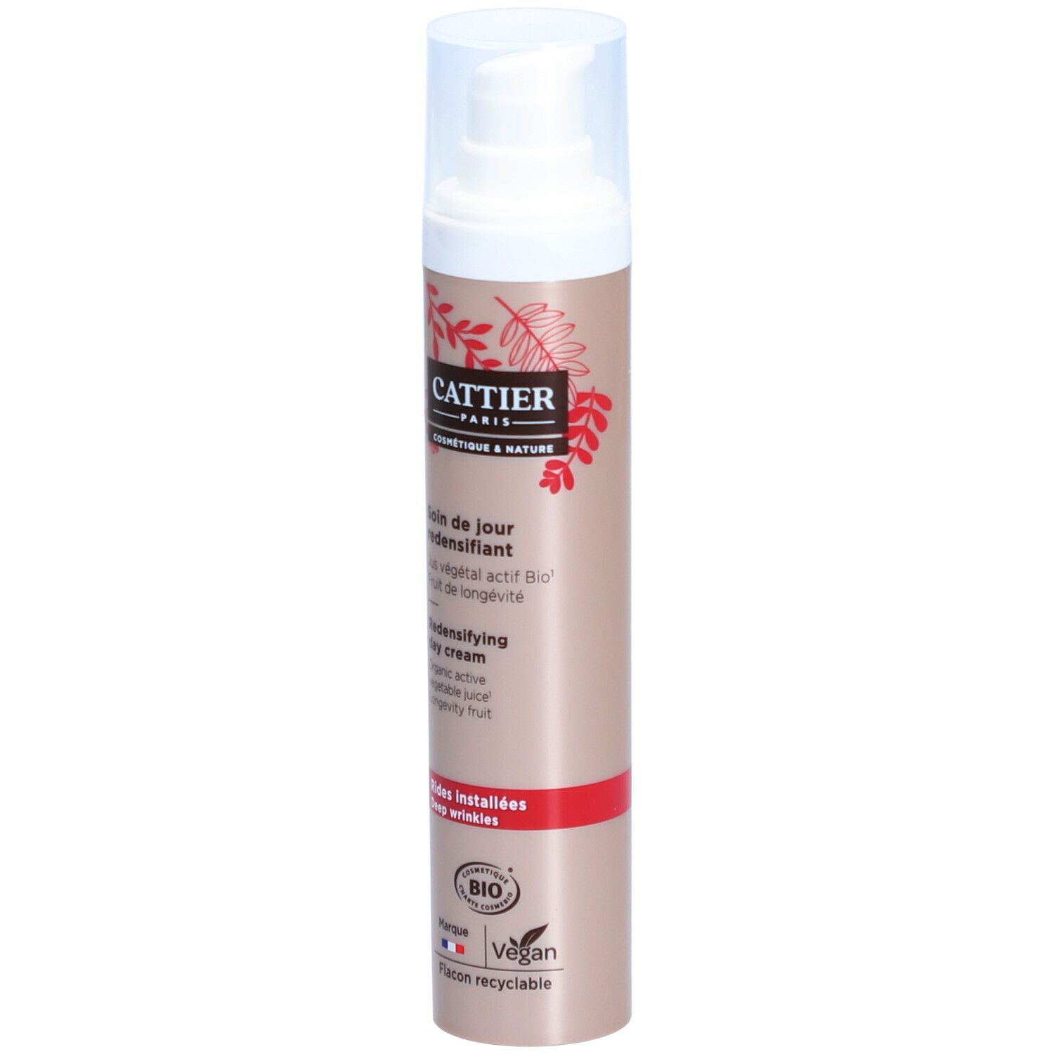 Cattier® Bio Straffende Tagescreme. Beige Flasche mit weißem Pumpkopf. Roter Streifen und Schriftzug. Vegan- und Bio-Siegel.