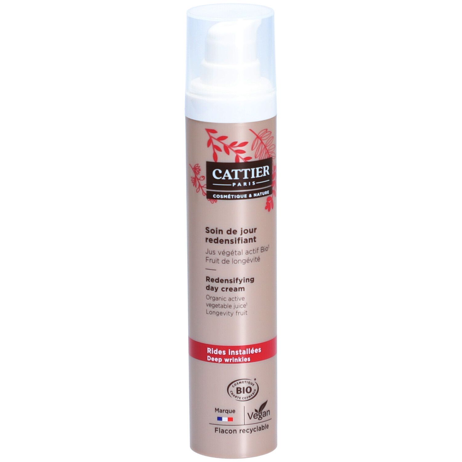 Cattier® Bio Straffende Tagescreme. Beige Flasche mit weißem Pumpkopf. Roter Streifen und Schriftzug. Vegan- und Bio-Siegel.