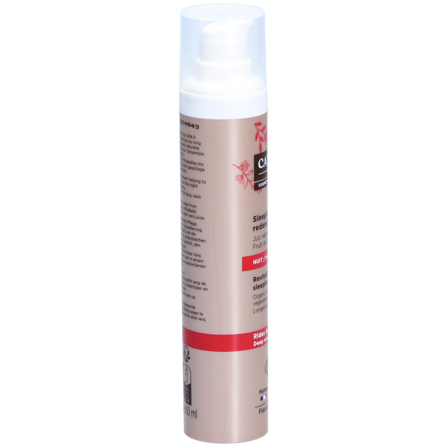 Cattier® Nachtcreme-Flasche. Beige-braune Flasche mit weißem Pumpkopf. Roter Aufdruck mit Produktinformationen.