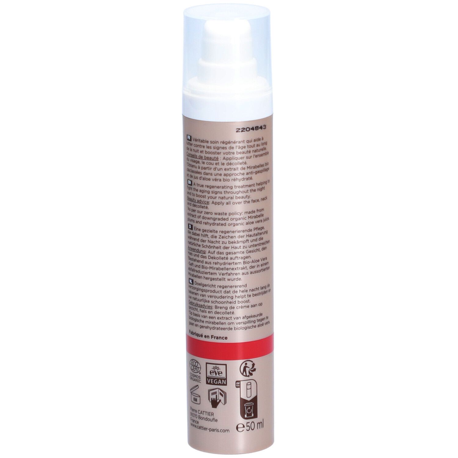Cattier® Nachtcreme-Flasche. Beige-braune Flasche mit weißem Pumpkopf. Roter Aufdruck mit Produktinformationen.