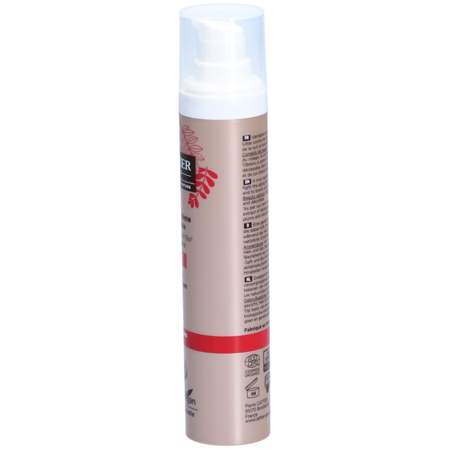 Cattier® Nachtcreme-Flasche. Beige-braune Flasche mit weißem Pumpkopf. Roter Aufdruck mit Produktinformationen.