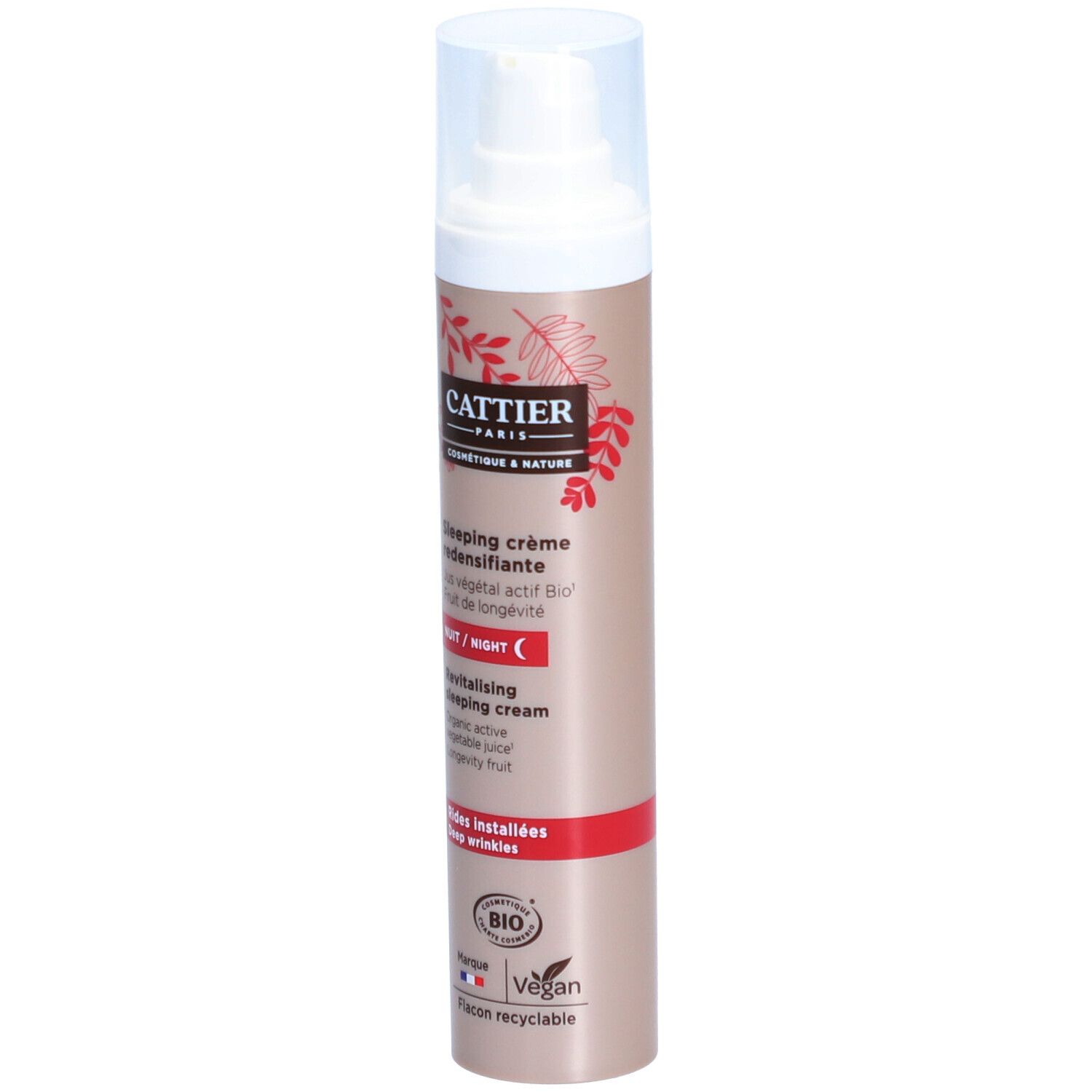 Cattier® Nachtcreme-Flasche. Beige-braune Flasche mit weißem Pumpkopf. Roter Aufdruck mit Produktinformationen.