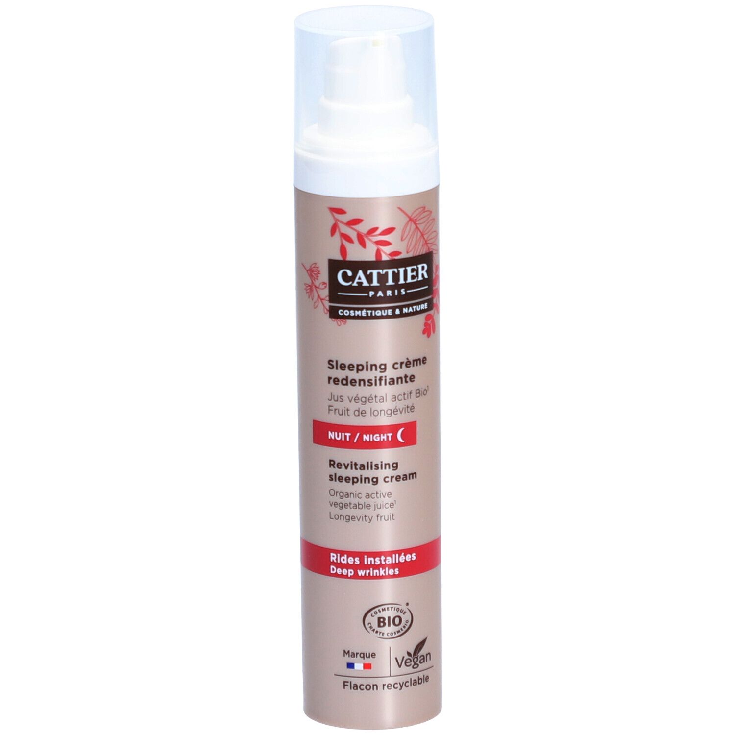 Cattier® Nachtcreme-Flasche. Beige-braune Flasche mit weißem Pumpkopf. Roter Aufdruck mit Produktinformationen.