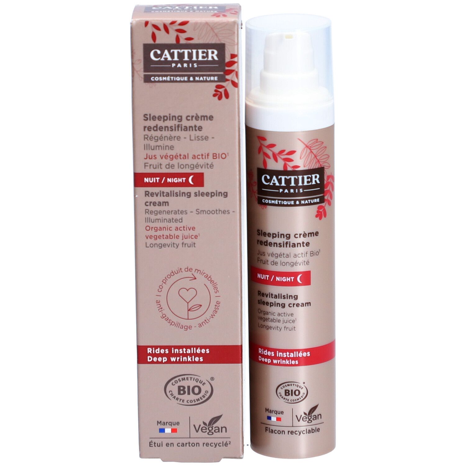 Cattier® Nachtcreme-Flasche und -Verpackung. Beige-braune Flasche und Karton. Roter Aufdruck mit Produktinformationen.