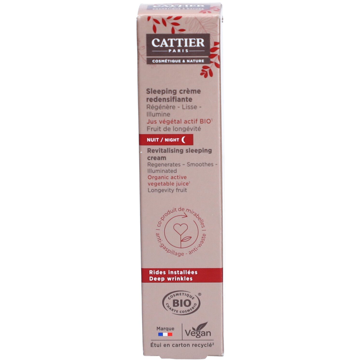Cattier® Nachtcreme-Verpackung. Beige-braune Kartonverpackung. Roter Aufdruck mit Produktinformationen.