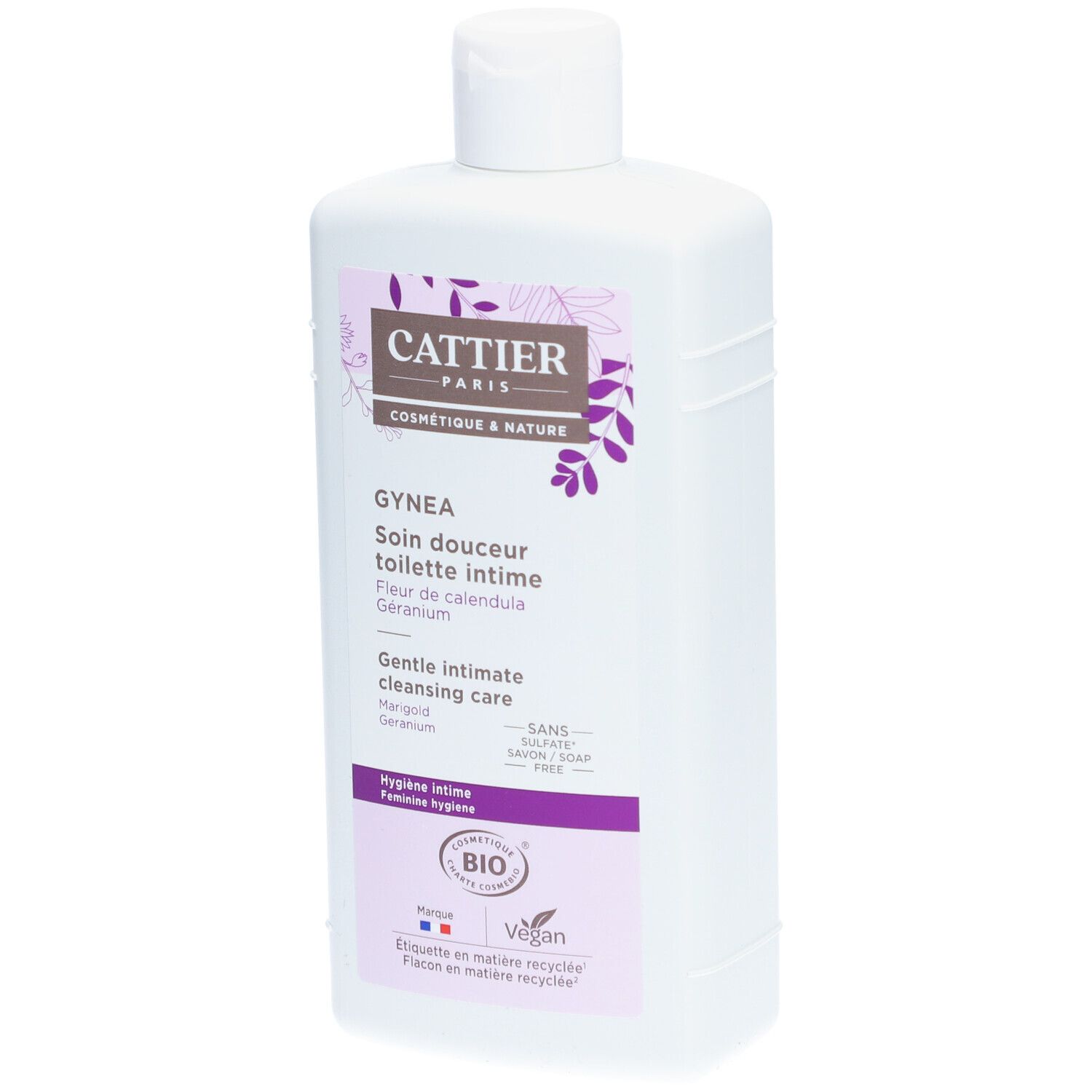 Witte fles met paars etiket. Opschrift: Cattier, Gynea, Soin Douceur Toilette Intime. Bio-certificering.