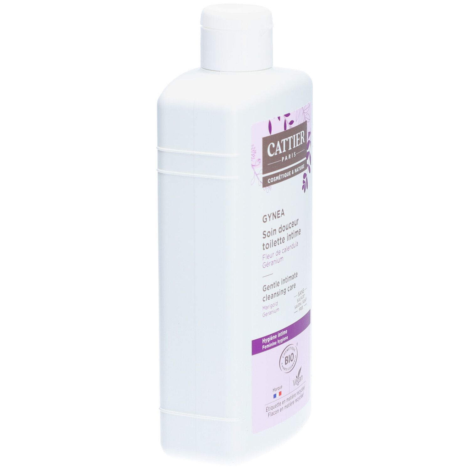 Witte fles, paars etiket. Opschrift: Cattier, Gynea, Soin Douceur Toilette Intime. Vegan-logo.