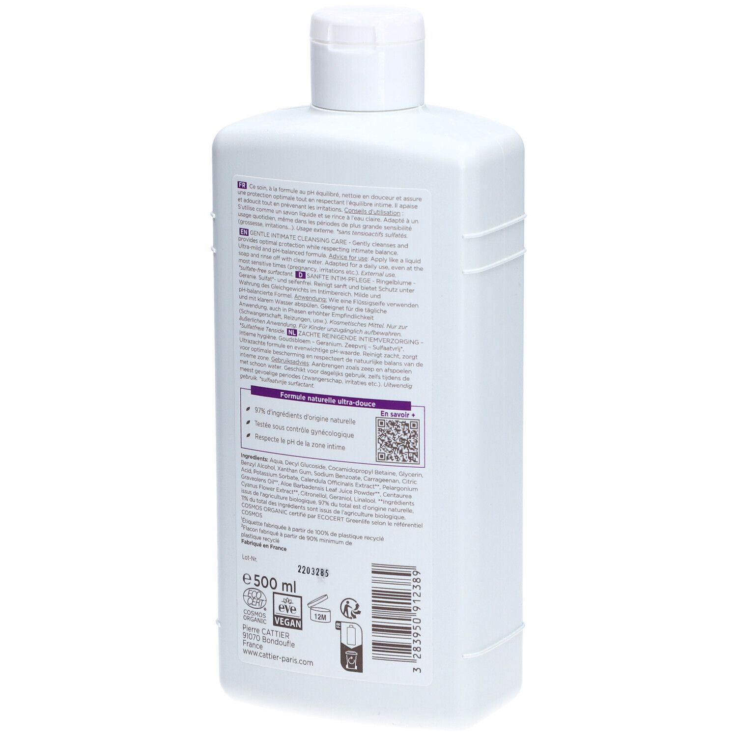 Achterkant van de witte fles. Meertalige tekst. Bio-certificering, Vegan-logo. 500 ml.