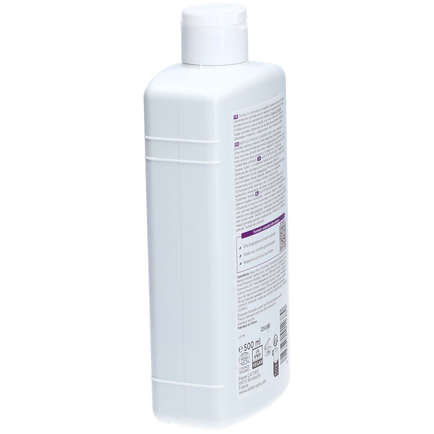 Achterkant van de witte fles. Meertalige tekst. 500 ml. QR-code.