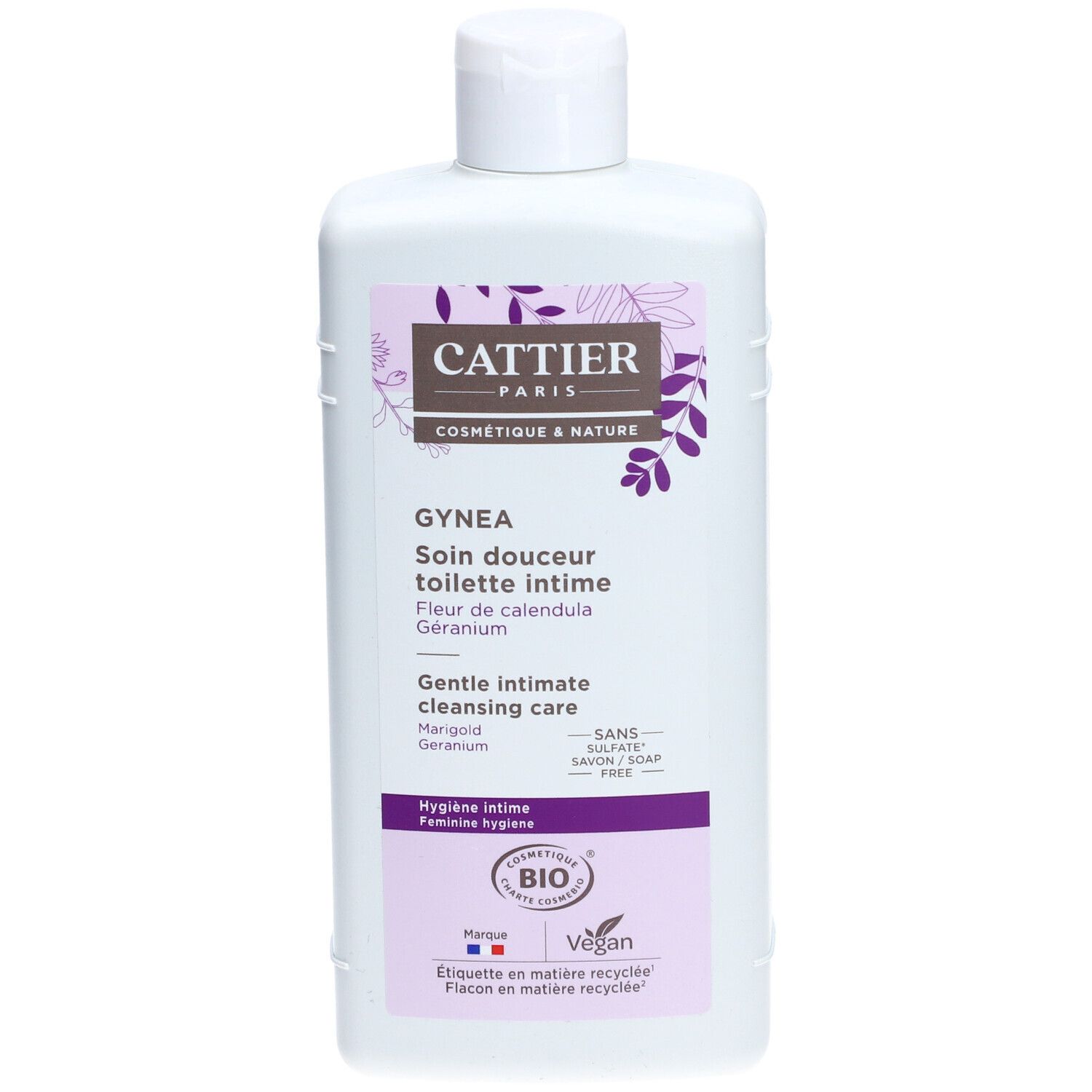 Witte fles met paars etiket. Opschrift: Cattier, Gynea, Soin Douceur Toilette Intime. Bio-certificering.