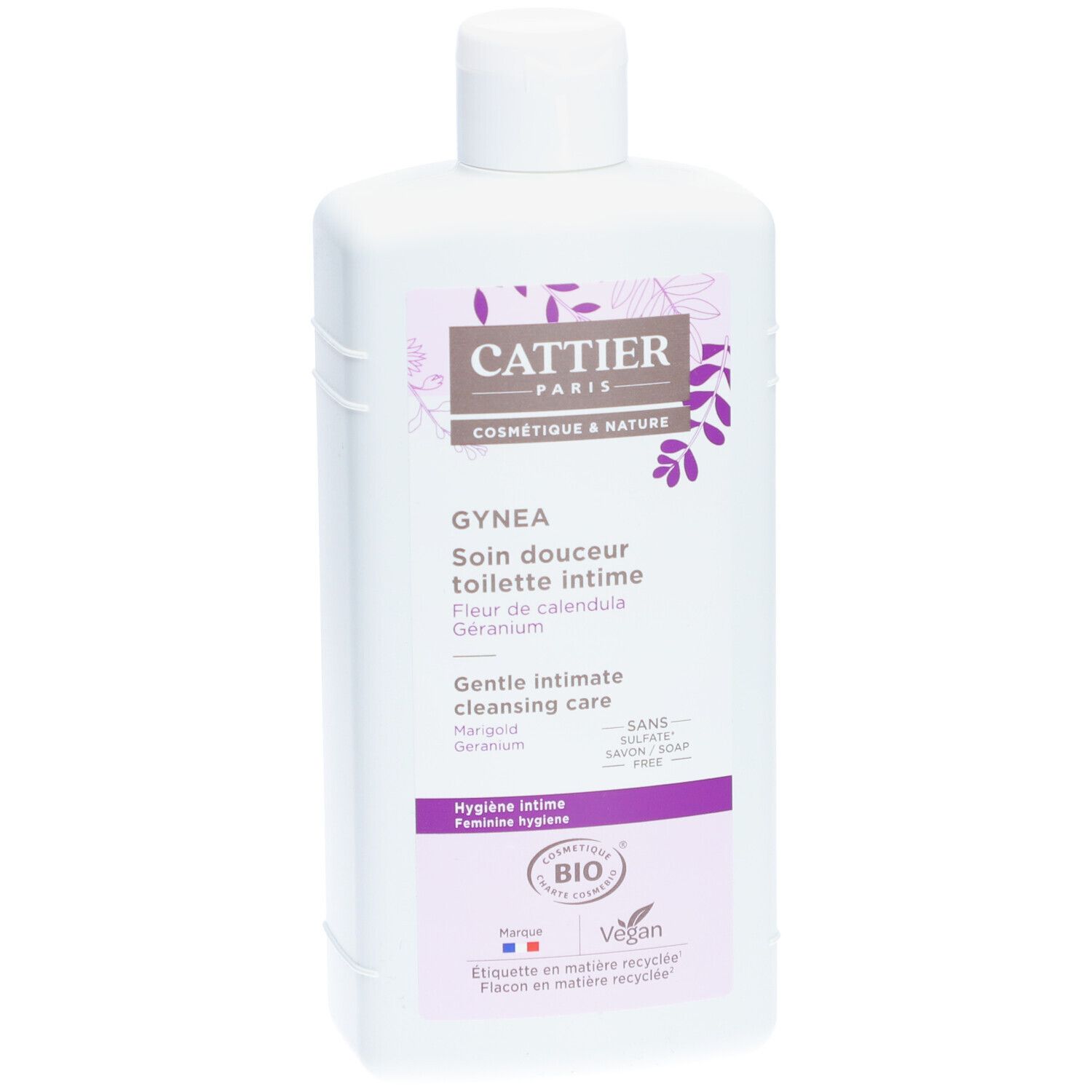 Witte fles met paars etiket. Opschrift: Cattier, Gynea, Soin Douceur Toilette Intime. Bio-certificering.